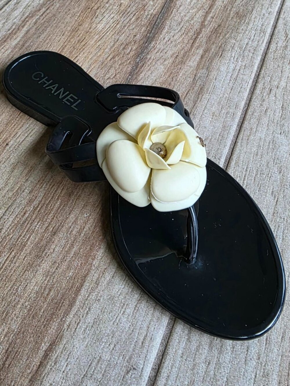 CHANEL CC Jelly Camelia Rubber Jelly Thong Flip Sandals Eur. 38